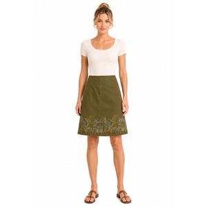 Liz Claiborne A-Line Midi Skirt Women 8 100% Cotton Embroidered Hem Earthy Boho